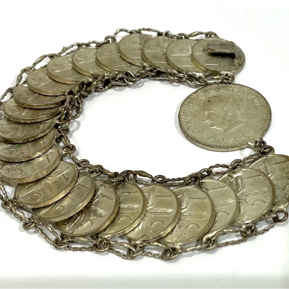 Vintage 1945 Mexico Coin Charm Bracelet Cinco Centavos Eagle Folk Jewelry Boho